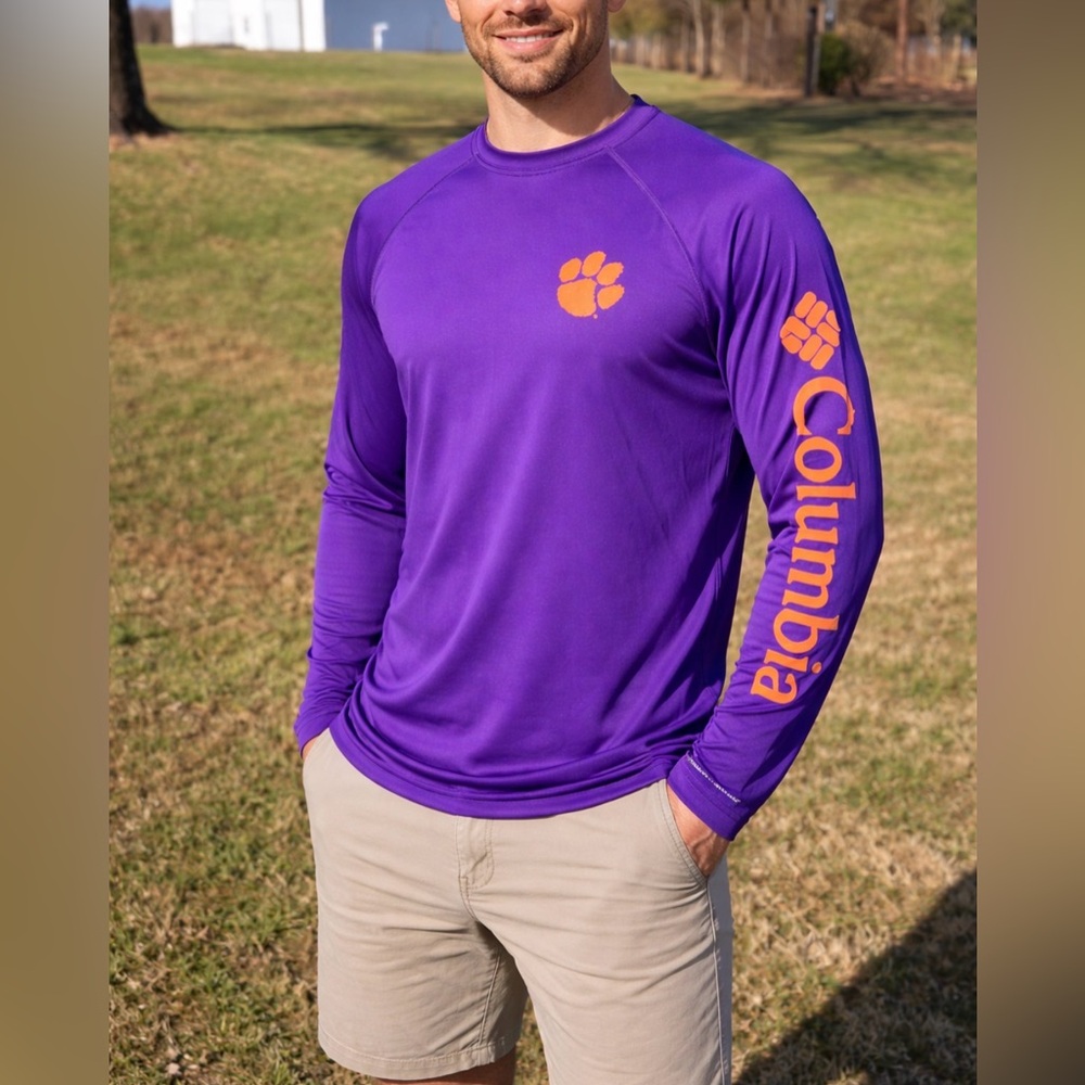 -Clemson Paw Columbia PFG Purple/Orange L/S Fishing Shirt Men's Medium